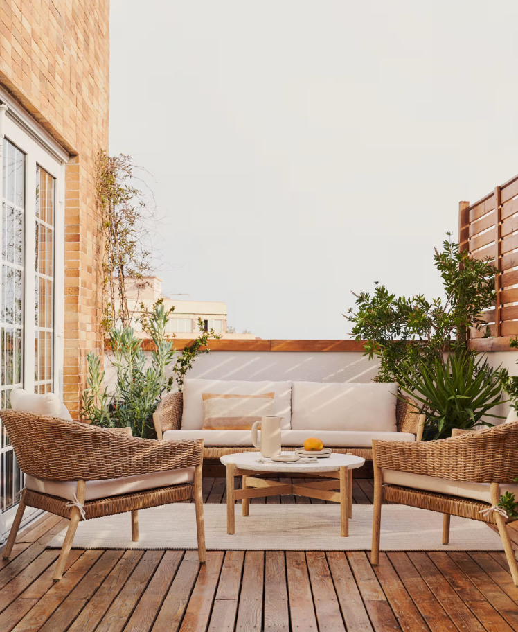 POLA - Ensemble canapé 2 places 2 fauteuils en bois d'eucalyptus et rotin synthétique