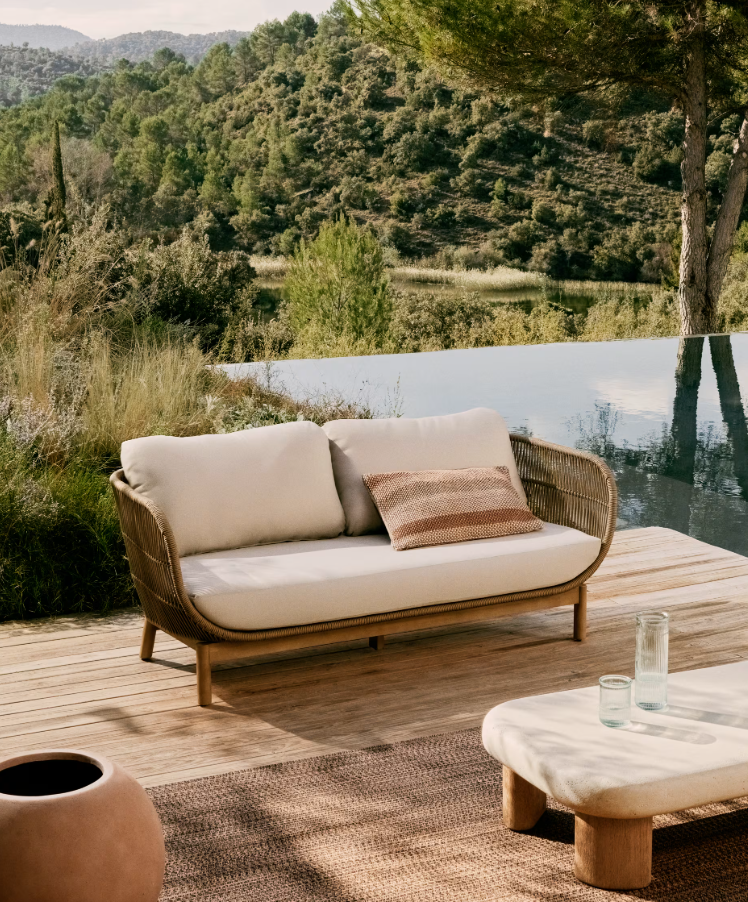 CATALINA - Canapé 3 places en corde beige et bois d'acacia - 170 cm