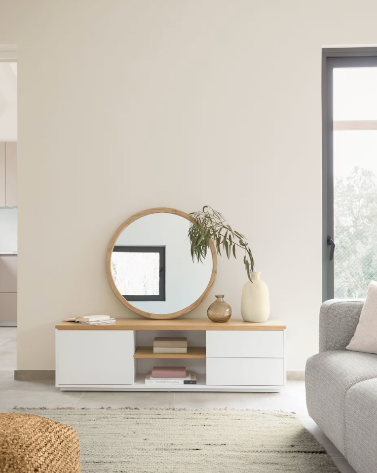 ABILEN - Meuble TV - 1 porte et 2 tiroirs en placage de chêne - 150 x 44 cm
