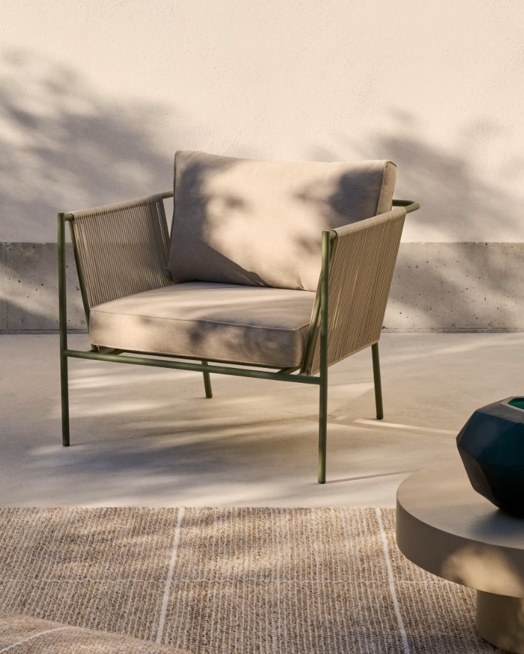 ZIVIA - Fauteuil d'extérieur en corde écrue et acier galvanisé vert 