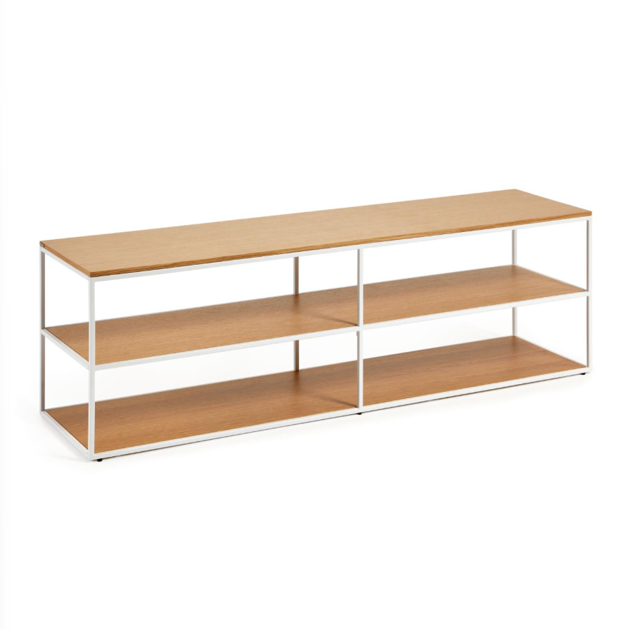 YOANA - Meuble TV en placage de chêne et structure en métal blanc - 160 x 40 cm