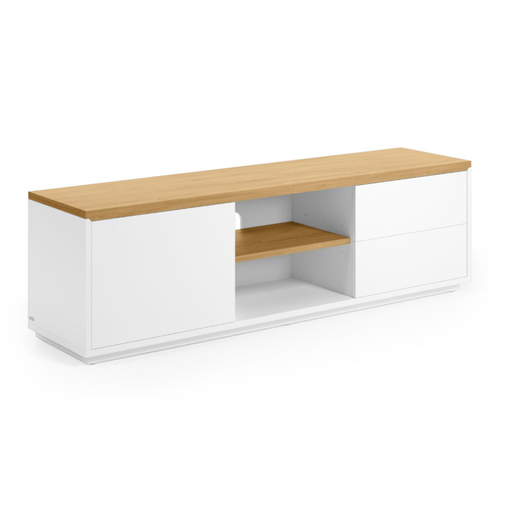 [CC2982L05] ABILEN - Meuble TV - 1 porte et 2 tiroirs en placage de chêne et laqué blanc - 150 x 44 cm